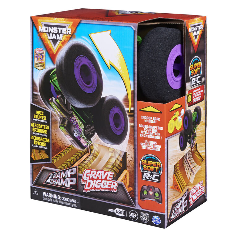 Monster Jam Ramp Champ avec monster truck radiocommandé Grave Digger et rampe, utilisation en intérieur sûre
