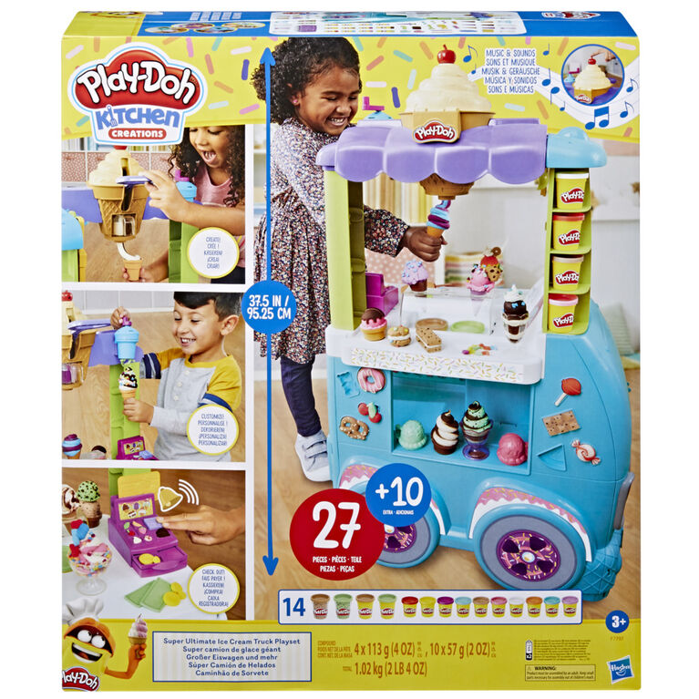 Play-Doh Kitchen Creations, Super camion de glace géant, inclut 37  accessoires, 14 pots de pâte à modeler, sons réalistes