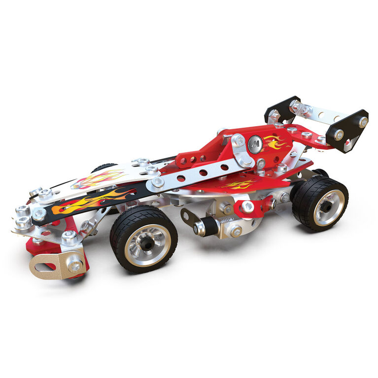 Meccano, 10-in-1 Racing Vehicles STEM Model Building Kit with 225 Parts and Real Tools