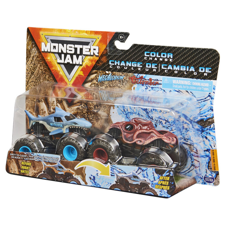 Monster Jam, Official Megalodon vs. Octob8er Color-Changing Die-Cast Monster Trucks, 1:64 Scale