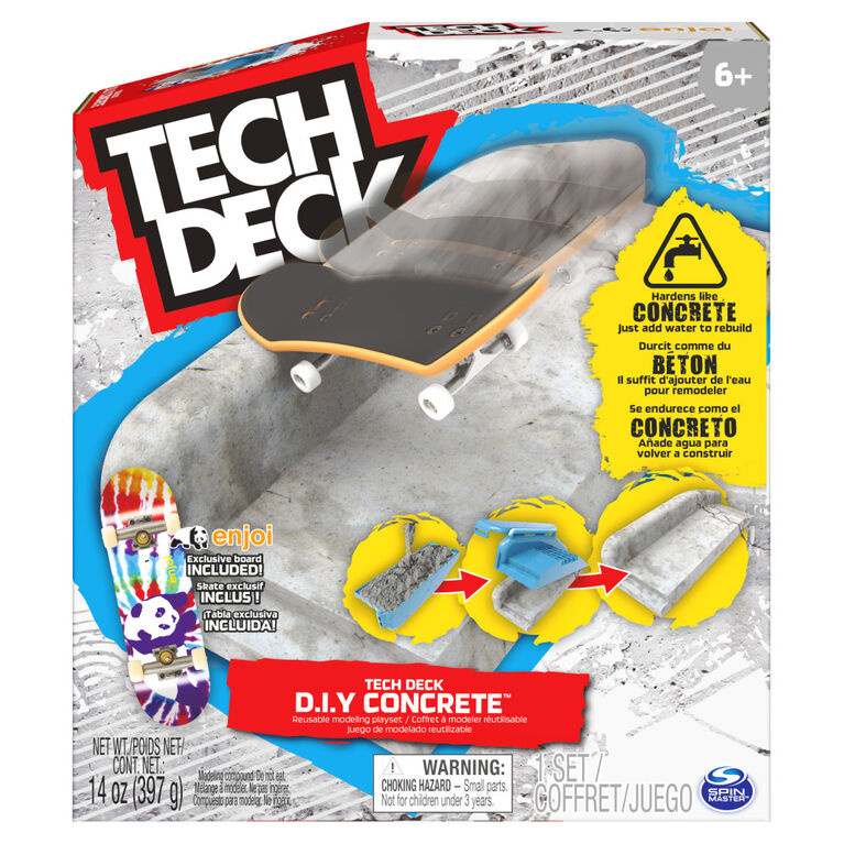 Tech Deck DIY Concrete, Coffret à modeler réutilisable avec fingerboard Enjoi exclusif, rail, moules et kit de skatepark