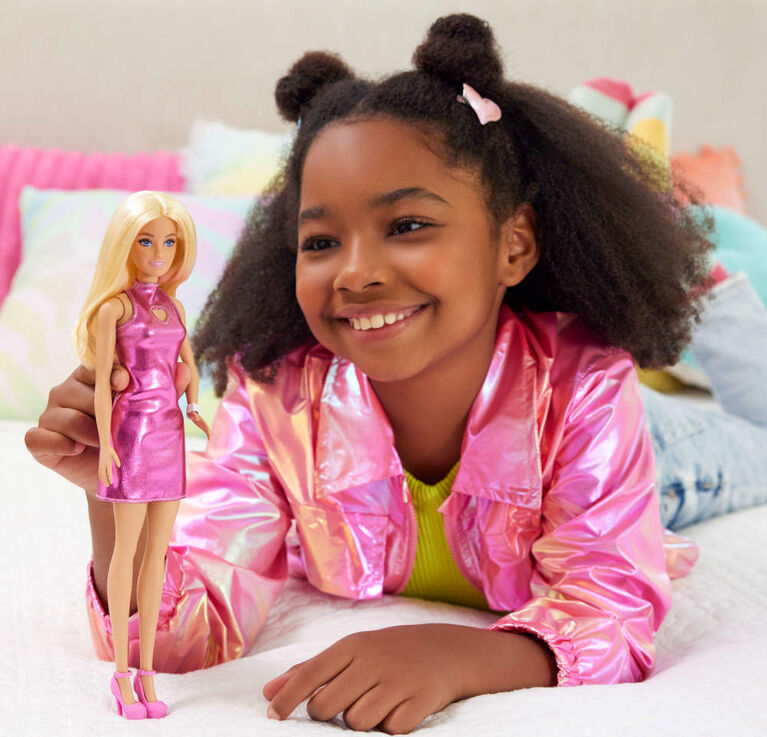Barbie Fashionistas Doll #230 in Metallic Pink Minidress with Heart CutOut, Blond Hair