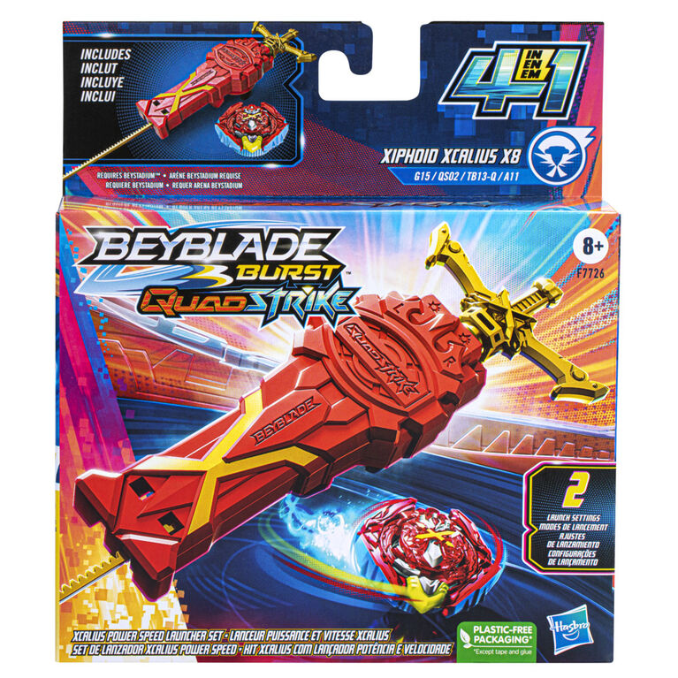 Beyblade Burst QuadStrike, pack Lanceur puissance et vitesse Xcalius,  ensemble de combat avec lanceur puissance et vitesse Xcalius et toupie à  rotation droite