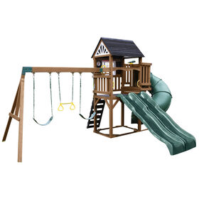 KidKraft - Timberlake Wooden Swing Set / Playset with 3 Slides, 3 Swings and Clubhouse