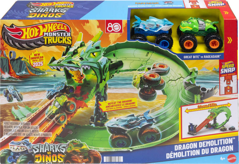 Hot Wheels Monster Trucks-Coffret Piste Dragon Sharks vs. Dinos