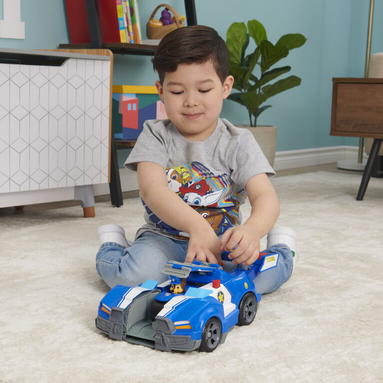 PAW Patrol, Transforming City Cruiser transformable 2-en-1 tiré du film, avec moto, effets sonores et lumineux et figurine Chase articulée à collectionner