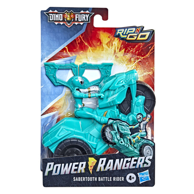 Power Ranger Dino Fury Rip N Go, Moto de combat Sabertooth et Ranger verte Dino Fury