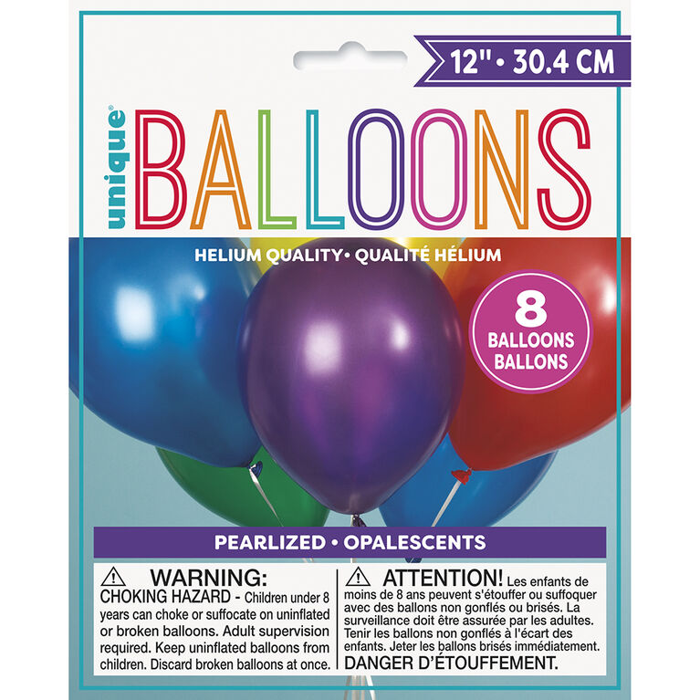 12" Latex Balloons, 8 Pieces - Assorted Colours
