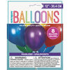 12" Latex Balloons, 8 Pieces - Assorted Colours