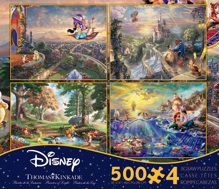 Four 500 Piece Thomas Kinkade Disney Puzzles - Aladdin, Beauty and the Beast, Winnie the Pooh and The Little Mermaid