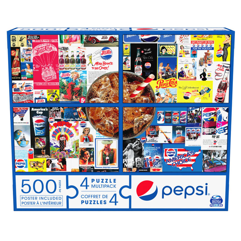 Pepsi, Coffret de 4 puzzles, 500 pièces qui se combinent pour former un méga puzzle sur le thème du célèbre soda