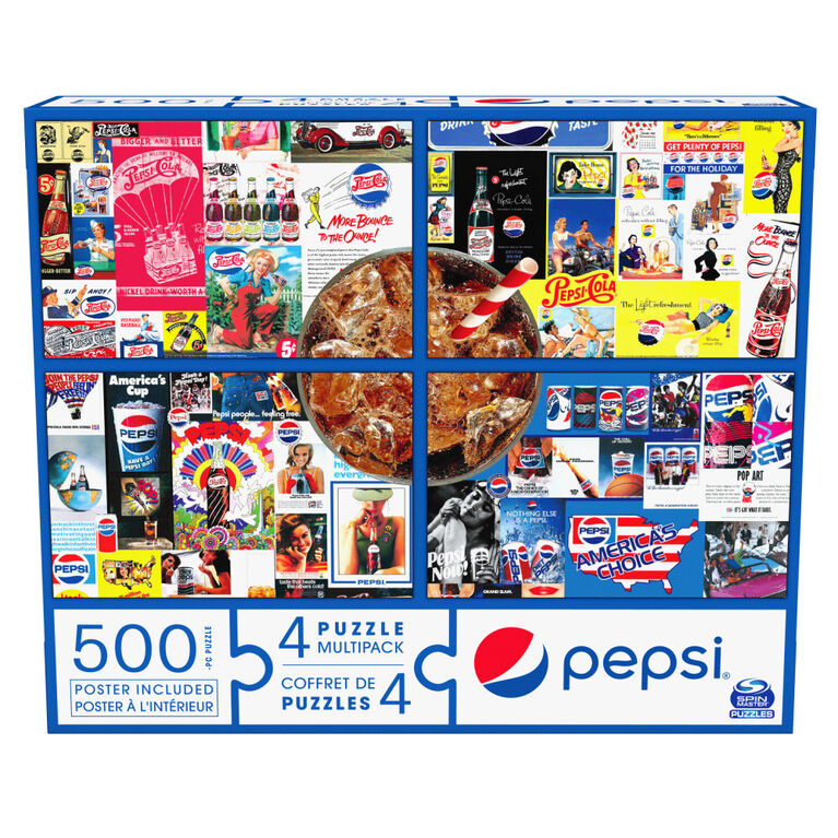 Pepsi, 4 Puzzle Multipack, 500 Pieces Combine to Form Novelty Soda Beverage Mega Puzzle