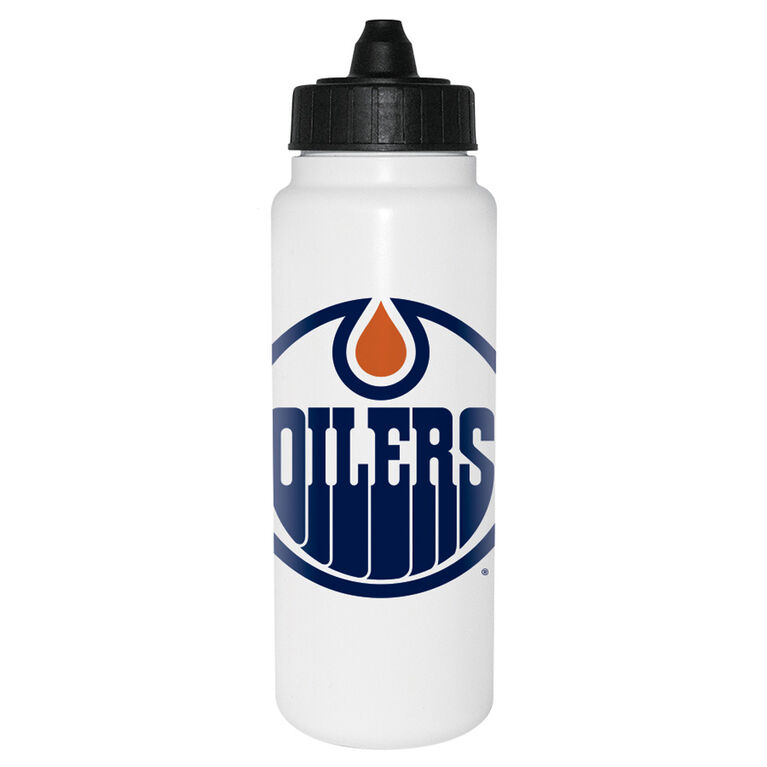 NHL Edmonton Oilers 1L white Tallboy water bottle with black membrane lid