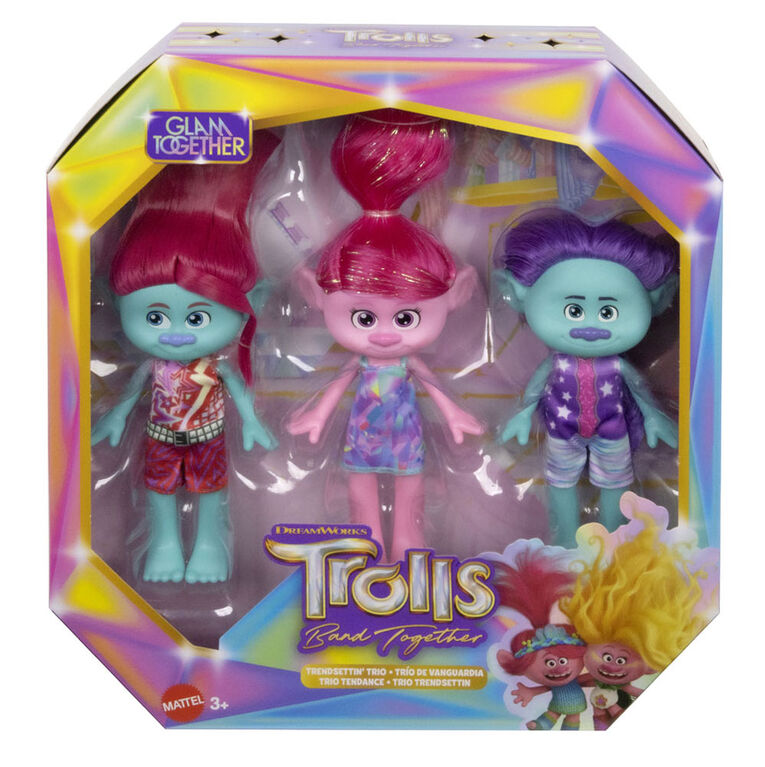 DreamWorks Trolls Band Together Trendsettin' Trio Fashion Dolls with Queen Poppy, Spruce Bruce and Floyd