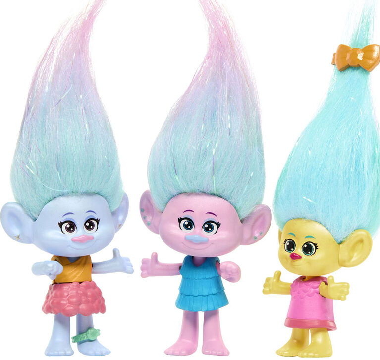 Coffret multiplie Fête Chatoyante ​DreamWorks Trolls Band Together avec 5 petites poupées et 2 accessoires capillaires