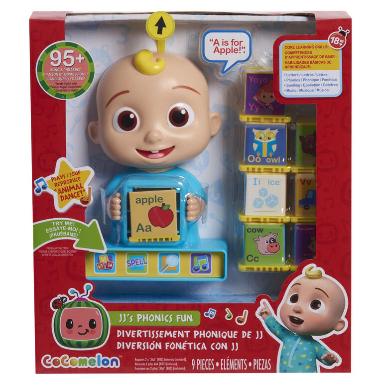 CoComelon JJ Phonics Fun Interactive Learning and Education Toy, 4 Modes of Play, Animal Dance Song, Spelling, 9-pieces - English Edition