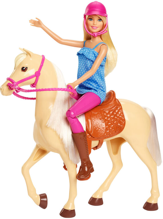 Barbie Doll, Blonde, Wearing Riding Outfit with Helmet, and Light Brown Horse with Soft White Mane and Tail