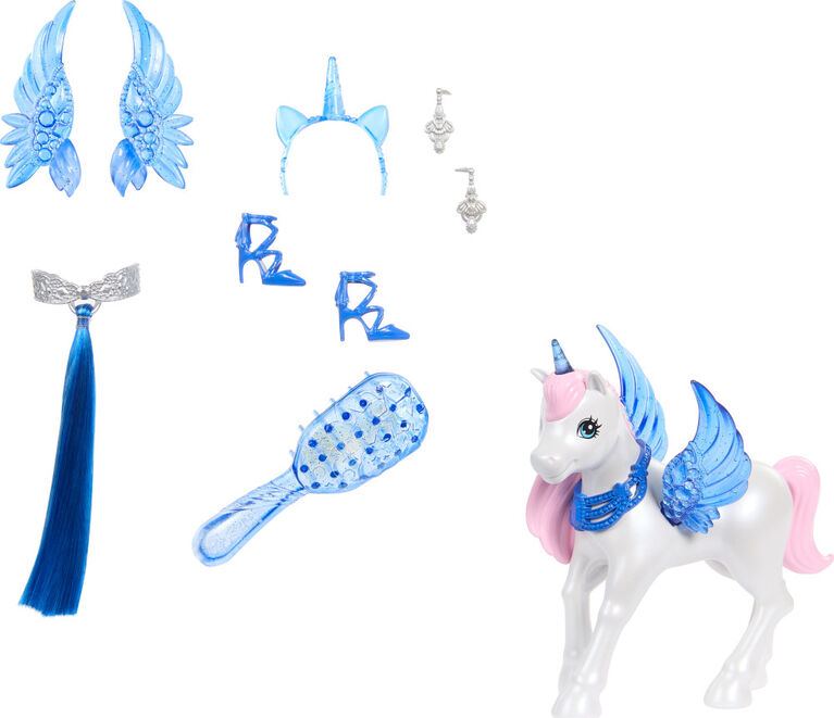 Barbie  65anniversaire  Poupée et animal  Licorne ailée, ch. bleus