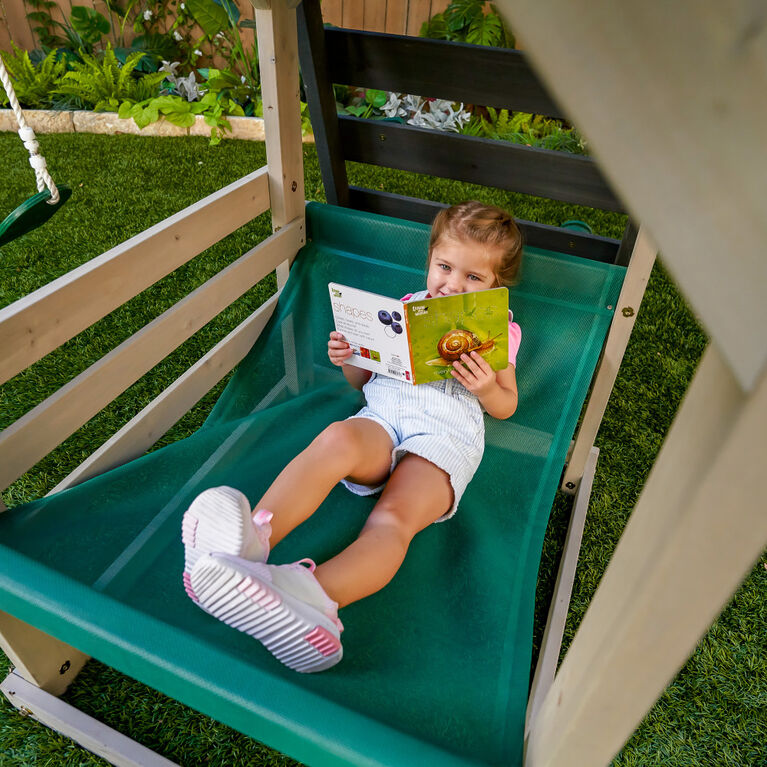 KidKraft Ensemble de balançoires en bois La tour du parc comprenant une glissoire, une cage à grimper et trois balançoires