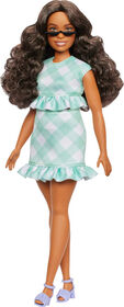 Barbie Fashionistas Doll #240 in Green Gingham Dress and Sunglasses, Wavy Dark Brown Hair