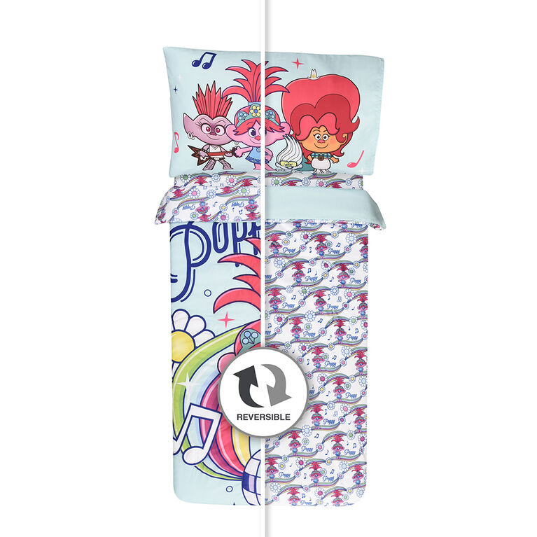 Trolls 3 Piece Toddler Bedding Set with Reversible Comforter, Fitted Sheet and Pillowcase by Nemcor