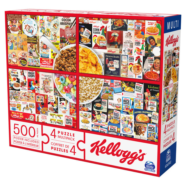 Kellogg's, Coffret de 4 puzzles, 500 pièces qui se combinent pour former un méga puzzle : Cocoa Krispies, Corn Flakes, Fruit Loops, Rice Krispies