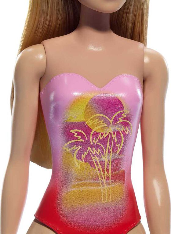 Beach Barbie Doll with Blond Hair Wearing Pink Palm Tree-Print Swimsuit