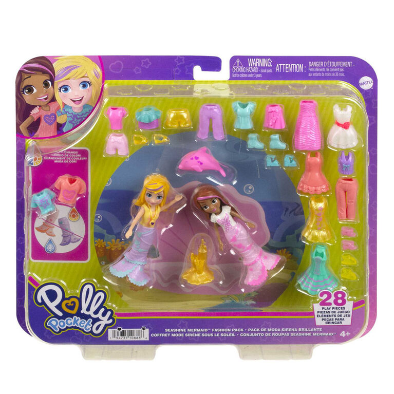 Polly Pocket 2 Dolls and 25 Accessories, Color-Change Seashine Mermaid Fashion Pack