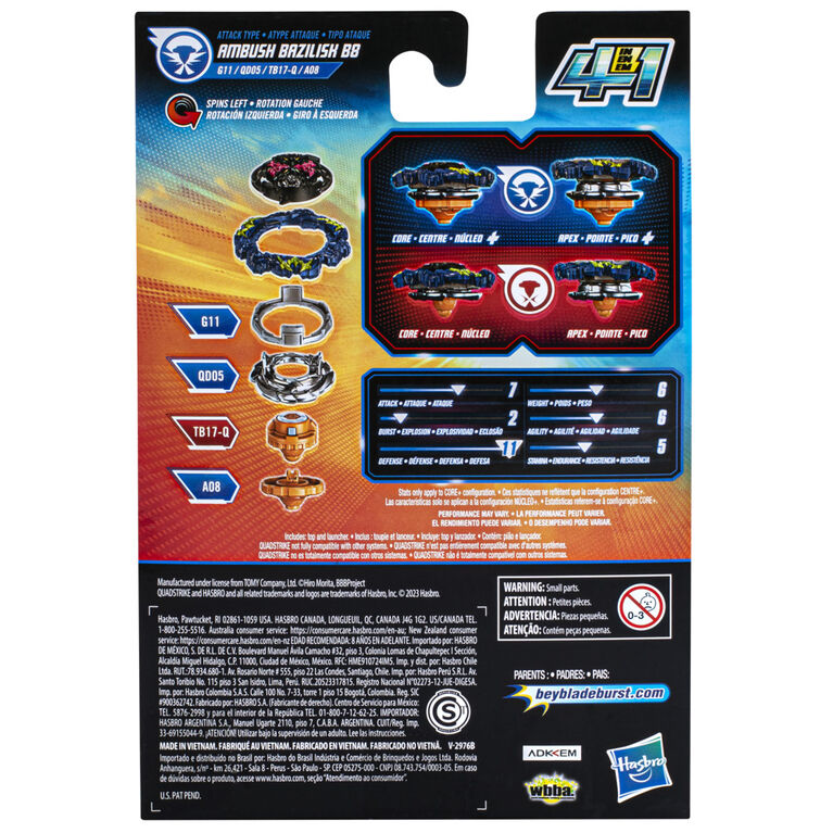 Beyblade Burst QuadStrike Ambush Bazilisk B8 Spinning Top Starter Pack, Attack/Balance Type Battling Game with Launcher