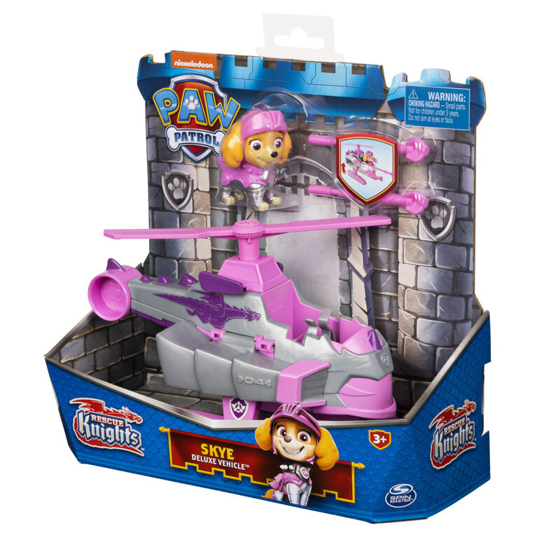 PAW Patrol, Rescue Knights Skye, Véhicule transformable avec figurine articulée à collectionner
