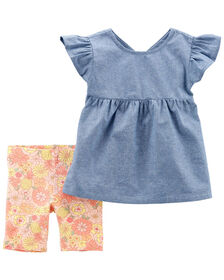 Carter's Two Piece Chambray Top and Floral Bike Shorts 18M