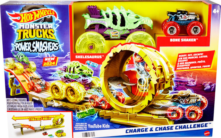 Hot Wheels Monster Trucks Power Smashers Race & Chase Challenge with Oversized Skelesaurus, 1:64 Scale Bone Shaker & 2 Crushed Cars