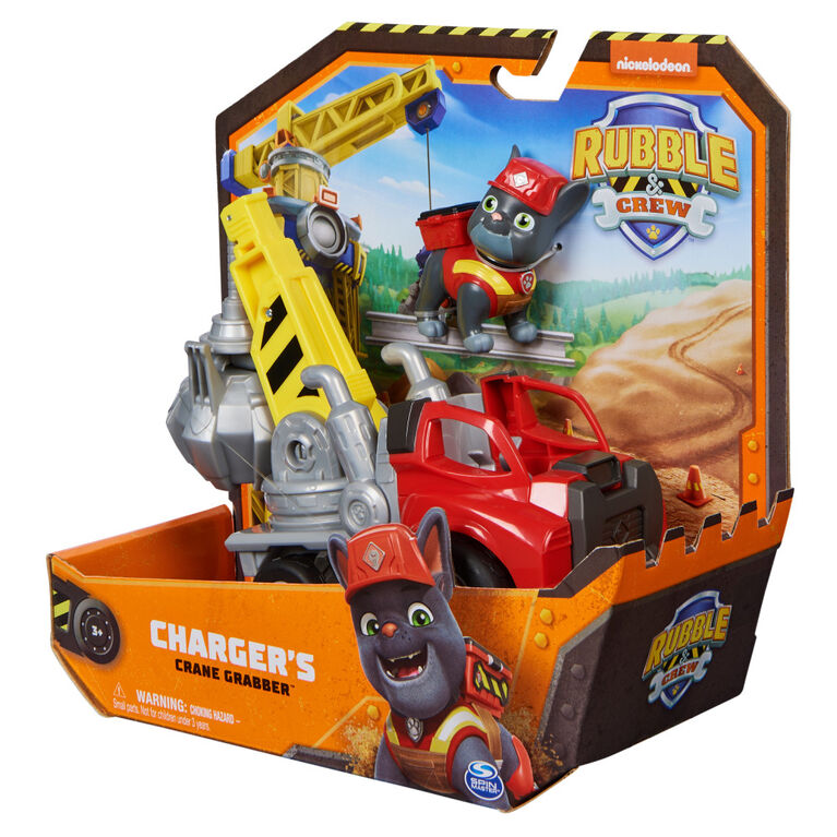 Rubble & Crew, Charger's Crane Grabber Toy Truck with Movable Parts and a Collectible Action Figure