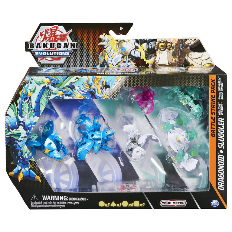 Bakugan Evolutions, Dragonoid and Sluggler Battle Strike Pack, Includes 6 Bakugan Action Figures, 9 Trading Cards and 8 BakuCores