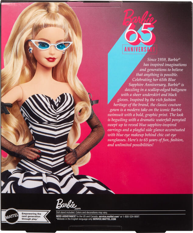 Poupée Barbie Signature, 65e anniversaire, de collection avec cheveux blonds, robe noire et blanche