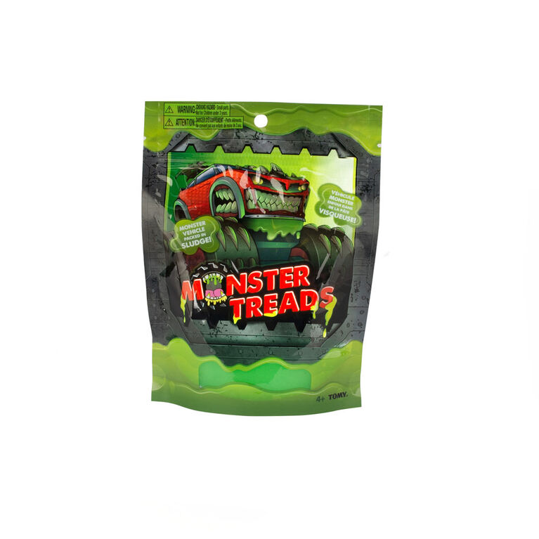 De véritables véhicules-jouets Monster Treads, sac opaque avec de la boue pour une expérience unique de déballage.