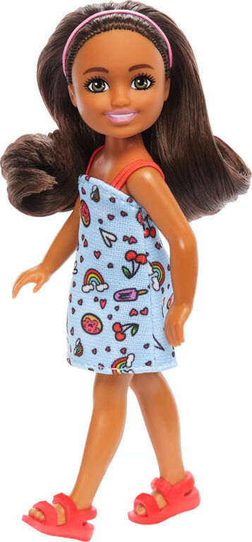 Barbie Chelsea Doll, Small Doll Wearing Removable Blue Dress with Brown Hair & Green Eyes