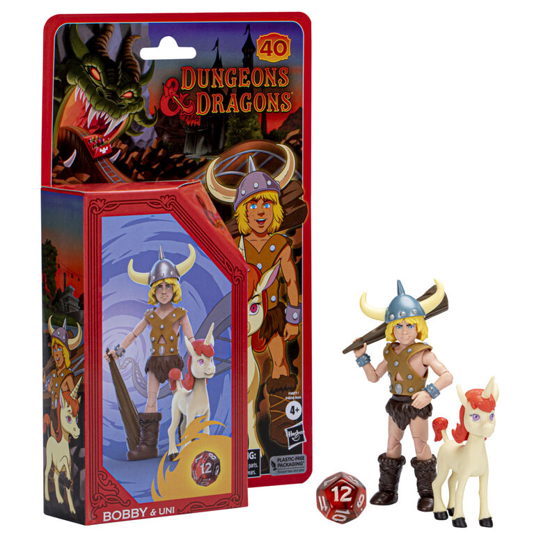 Dungeons & Dragons Cartoon Classics 6-Inch-Scale Bobby and Uni 2-Pack Action Figures, DandD 80s Cartoon, Includes d12 from Exclusive DandD Dice Set