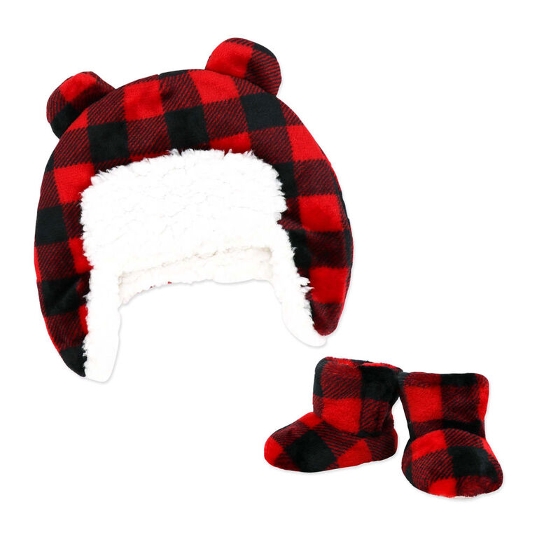 Baby Mode Signature Casquette Sherpa Hunters avec ensemble de bottines assorties : plaid de buffle rouge