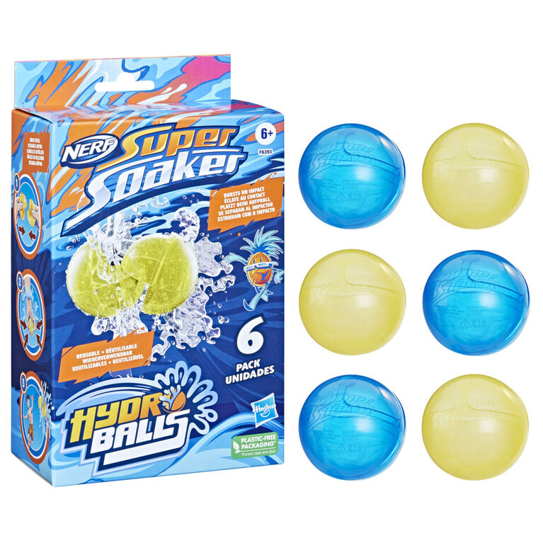 Nerf Super Soaker Hydro Balls 6-Pack, Reusable Water-Filled Balls Burst on Impact, Fast Refill, 2 Colors