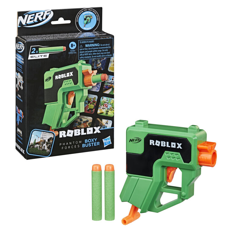 Nerf Roblox Phantom Forces : Boxy Buster, blaster à fléchettes, poignée d'amorçage, 2 fléchettes Nerf Elite, code pour article virtuel