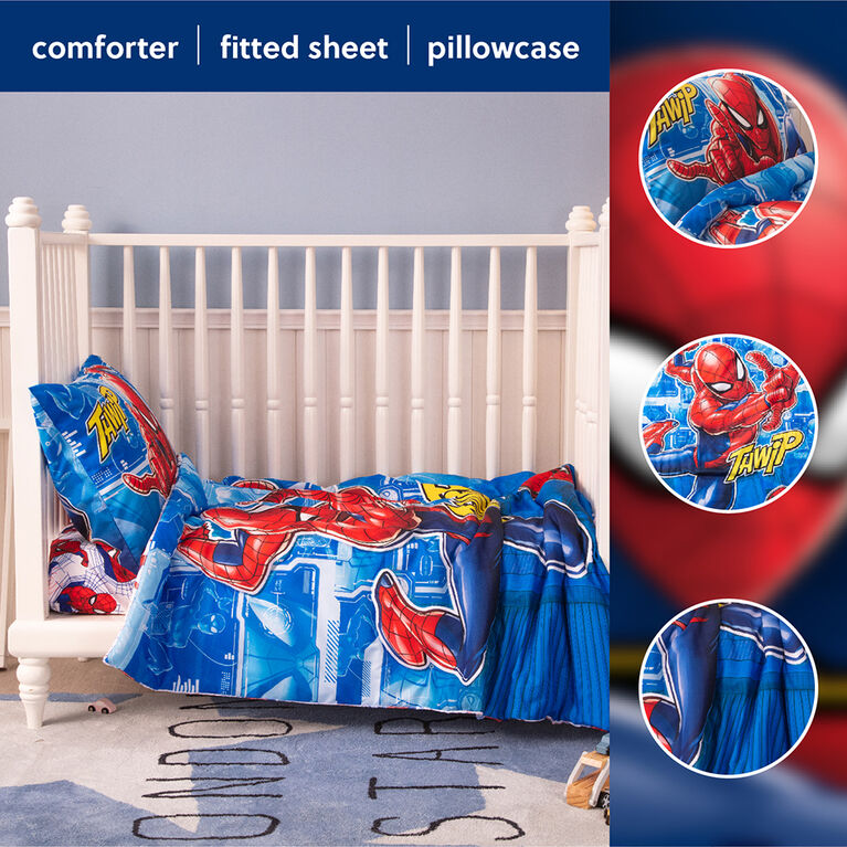 Ensemble de 3 pièces de literie Spiderman de Marvel pour lit de tout-petit avec couette réversible, drap-housse et taie d'oreiller par Nemcor