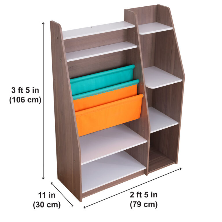 Bibliothèque en bois avec pochettes de rangement, meubles pour enfants - Gris cendré