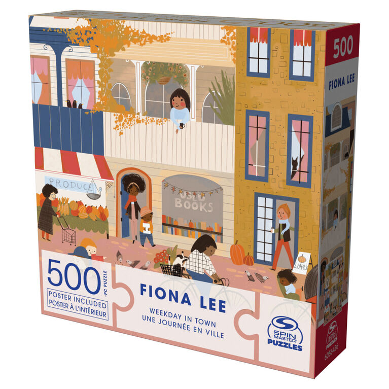 Spin Master Puzzles, Weekday in Town Jigsaw Puzzle 500 Pieces by Artist Fiona Lee with Wall Decor Poster