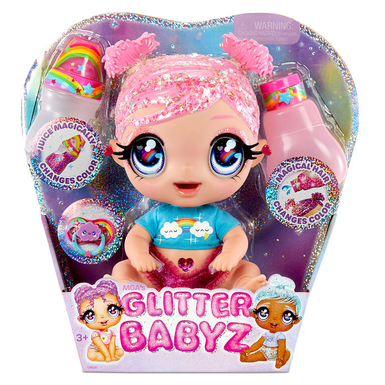 GLITTER BABYZ Dreamia Stardust Baby Doll with 3 magical color changes/ pink hair doll with rainbow outfit and reusable diaper, bottle and pacifier