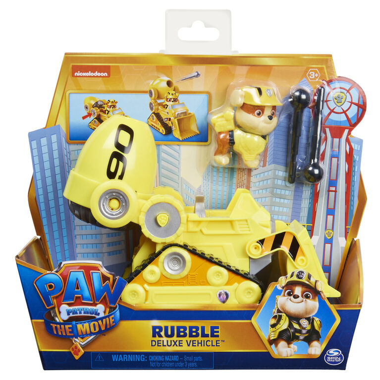 PAW Patrol, Rubble's Deluxe Movie Transforming Toy Car with Collectible Action Figure