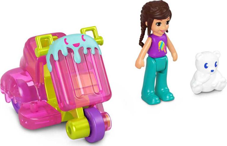 Polly Pocket Micro Doll with Ice Cream-Themed Die-cast 3-Wheeler and Mini Pet, Travel Toys