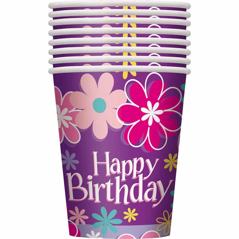 Birthday Blossoms 9oz Paper Cups, 8 pieces - English Edition