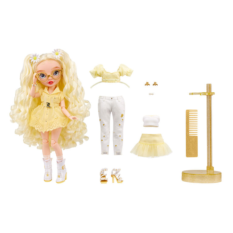 Rainbow High Delilah Fields - Poupée-mannequin jaune bouton d'or avec albinisme et lunettes