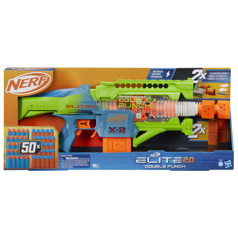 Nerf Elite 2.0 Double Punch Dart Blaster, 50 Nerf Elite Darts, 2x 10-Dart Clips, Motorized Nerf Blaster